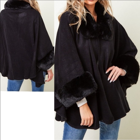 Jackets & Blazers - Black Winter Shawl Cape with Faux Fur Detail